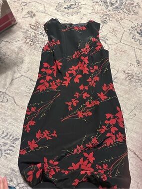Black Midi Dress with Red Floral Pattern